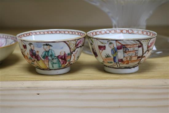Three 18th century Chinese family rose tea bowls and two saucers, two other teabowls and three wood stands